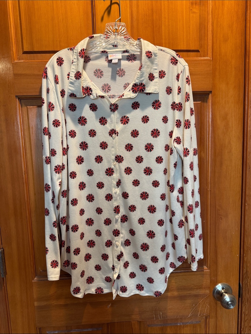 LuLaRoe Valentina Button-Down Blouse with Red Floral Burst Print Size Large